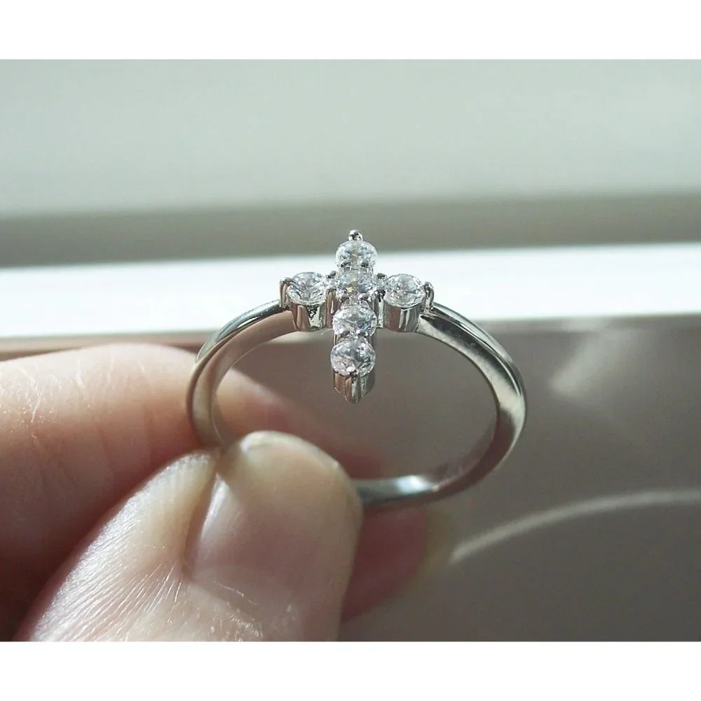 925 STERLING SILVER Dainty Cross Cubic Zirconia Ring - Picture 7 of 16